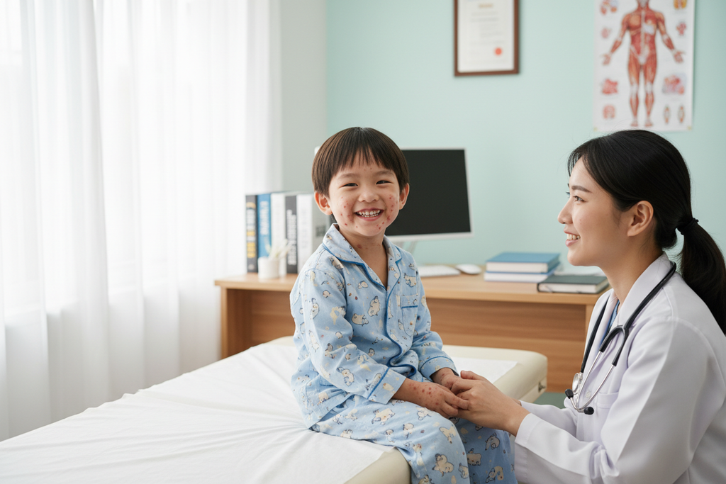 Happy Asian child with chicken pox in consultation room